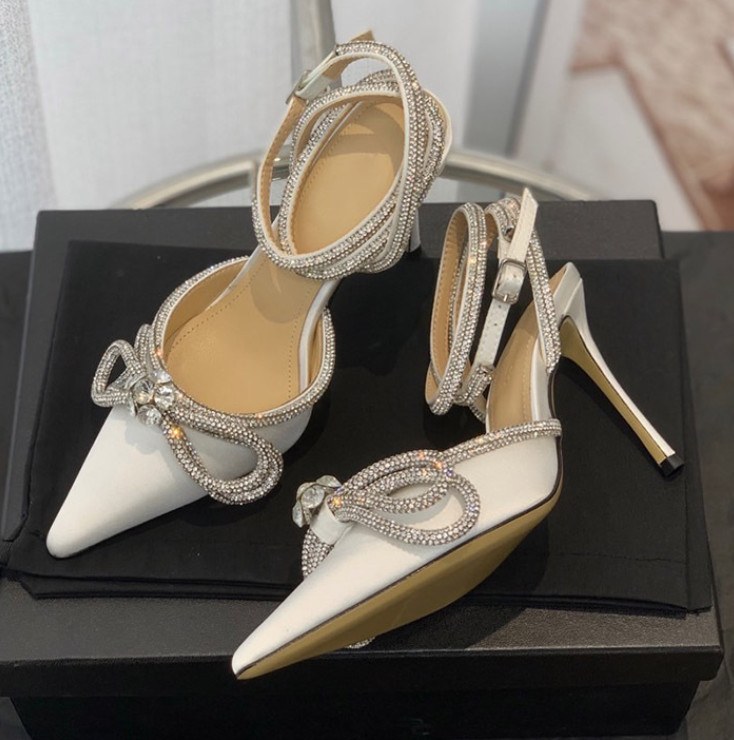 Women Rhinestone Ankle Strappy Pumps Bowknot Pointed Toe Stilettos Glitter Shoes