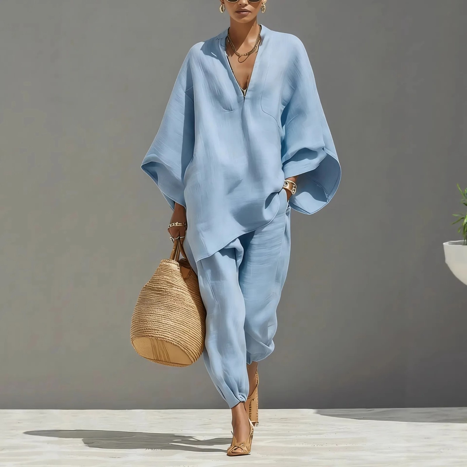 Casual V-neck Two Piece Set Women Outfits Summer Long Sleeve Wide Pant Sets New