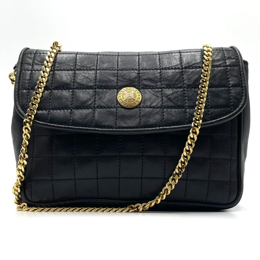 CELINE Triomphe Quilted Black Leather Gold Chain Shoulder Bag Pochette Vintage