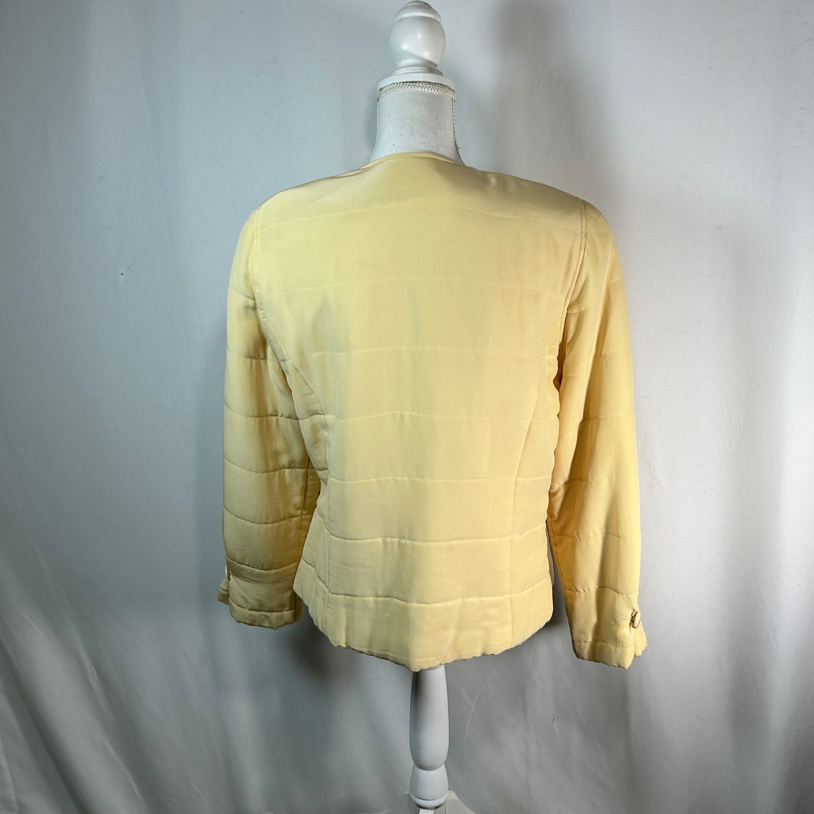 Puff Quilted Jacket Soft Pastel Yellow Button Front Collarless Womens
