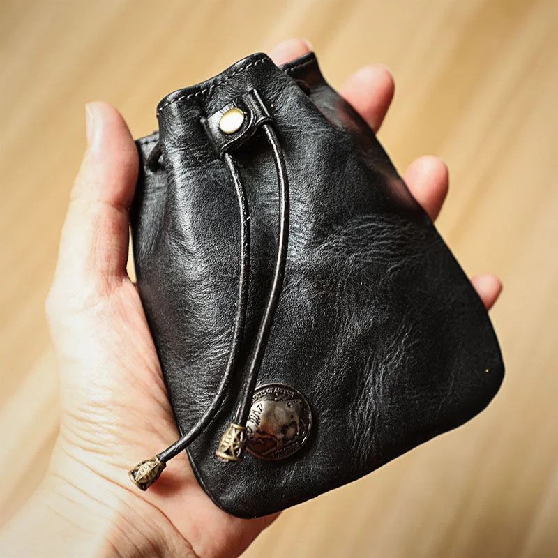 Leather Wallet Coin Pouch Case Drawstring String Bag Small Purse For Men Women