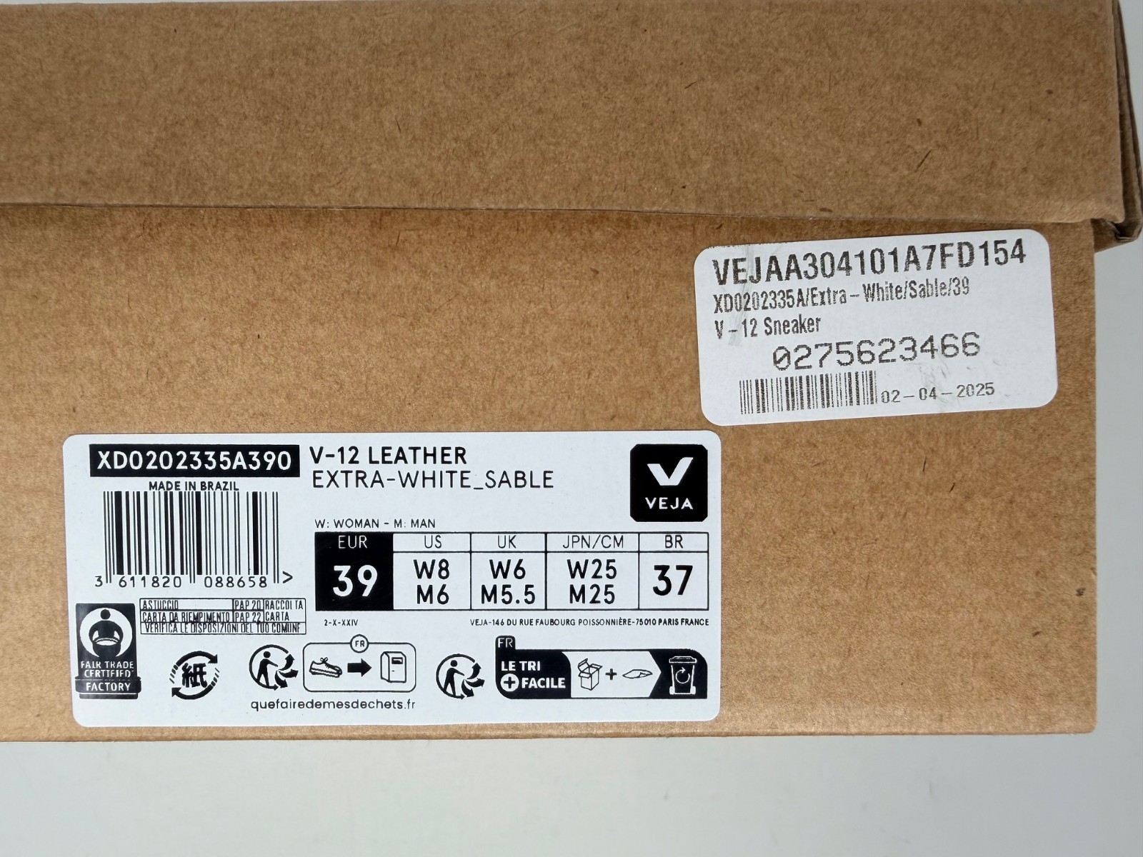 New Veja V-12 Leather Sneakers, Extra White/Sable Size US W8/ M6