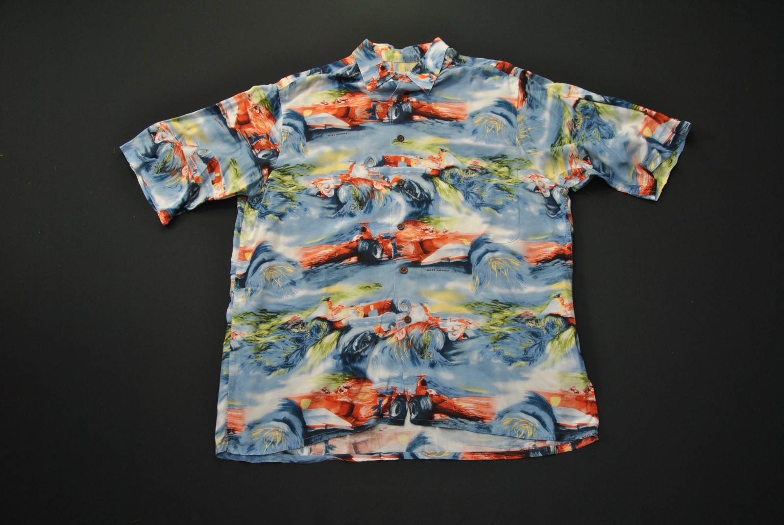 VTG Reyn Spooner Formula 1 Hawaiian Shirt F1 Medium Niles Nakaoka Car Race 126