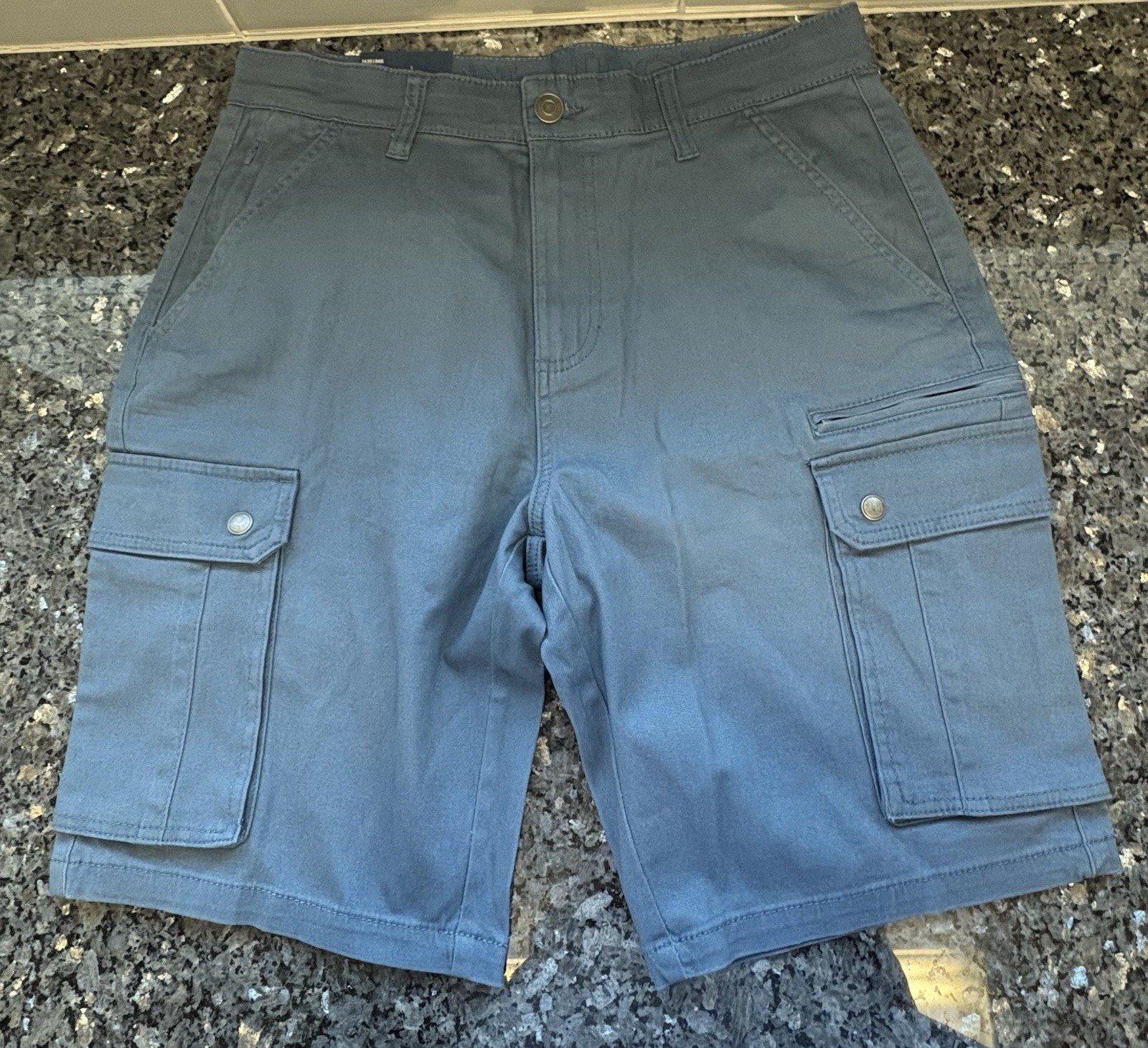 Iron Co. Men’s Blue + Grey Solid Flat Front Cargo Shorts Zip Closure