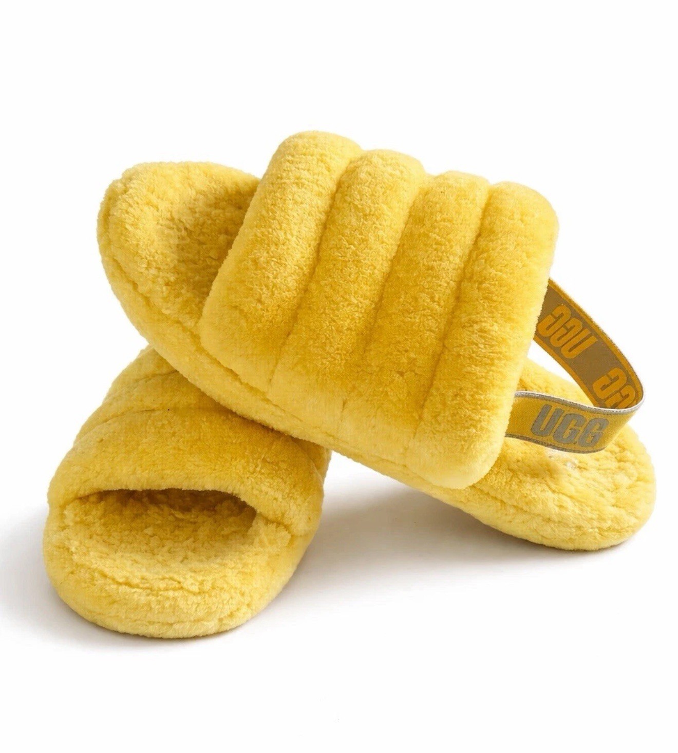 UGG Fluffy Slide Slippers Yellow Plush Open Toe Cozy Women’s Slip-On Sandals