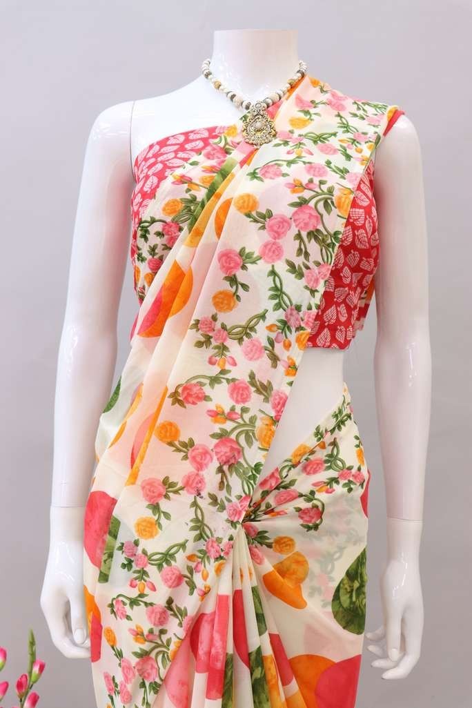 Floral Printed Georgette Saree Women Party Wear Designer Printed Saree