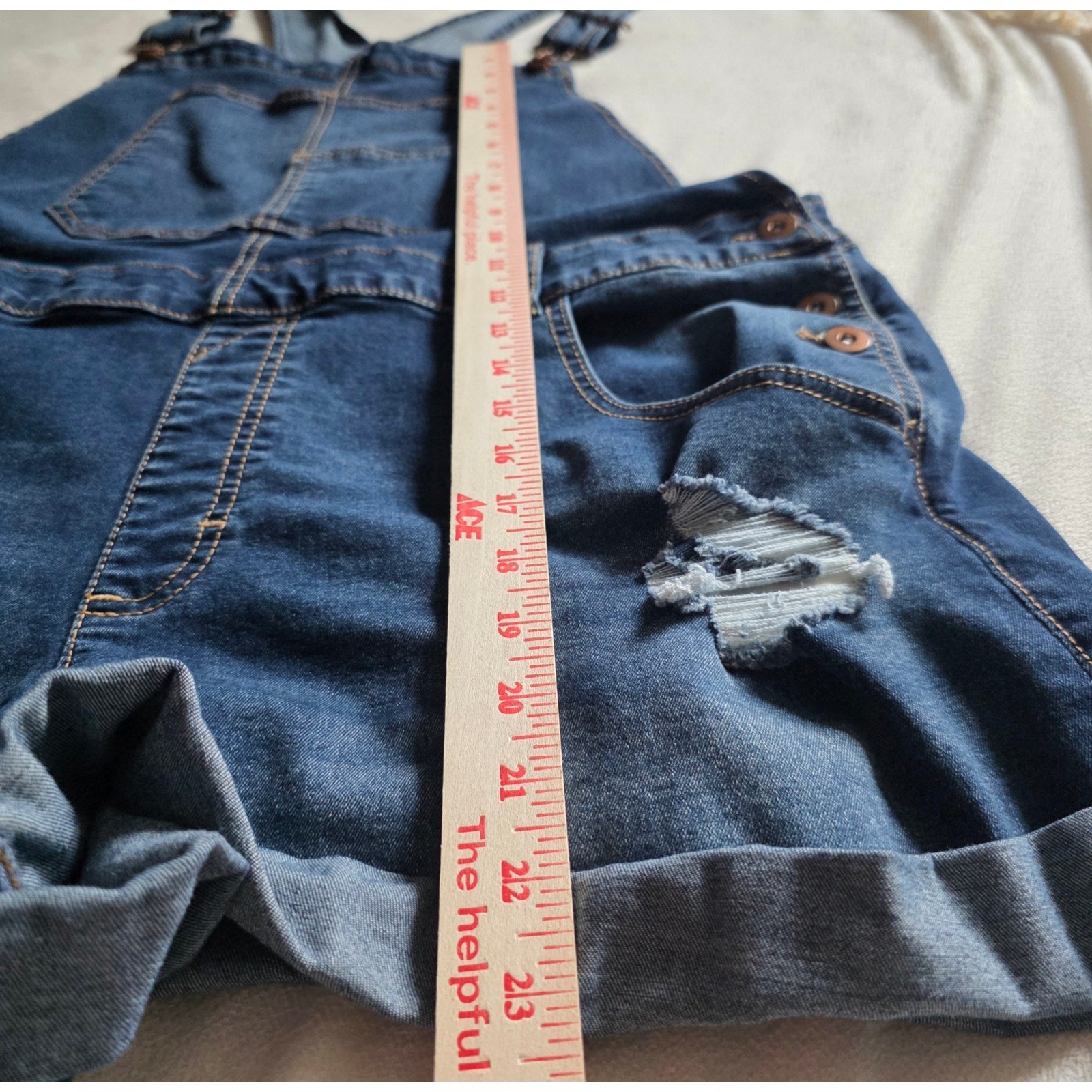 Womens Distressed Denim Shortalls Medium Wash Cuffed Jean Overalls