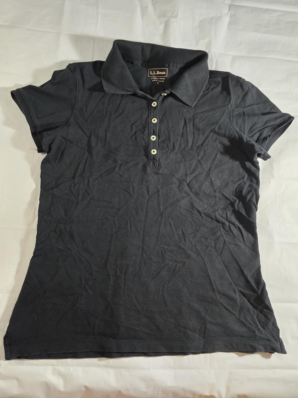 LL Bean Womens Short Sleeve Polo Shirt Black Slightly Fitted Pique Size S