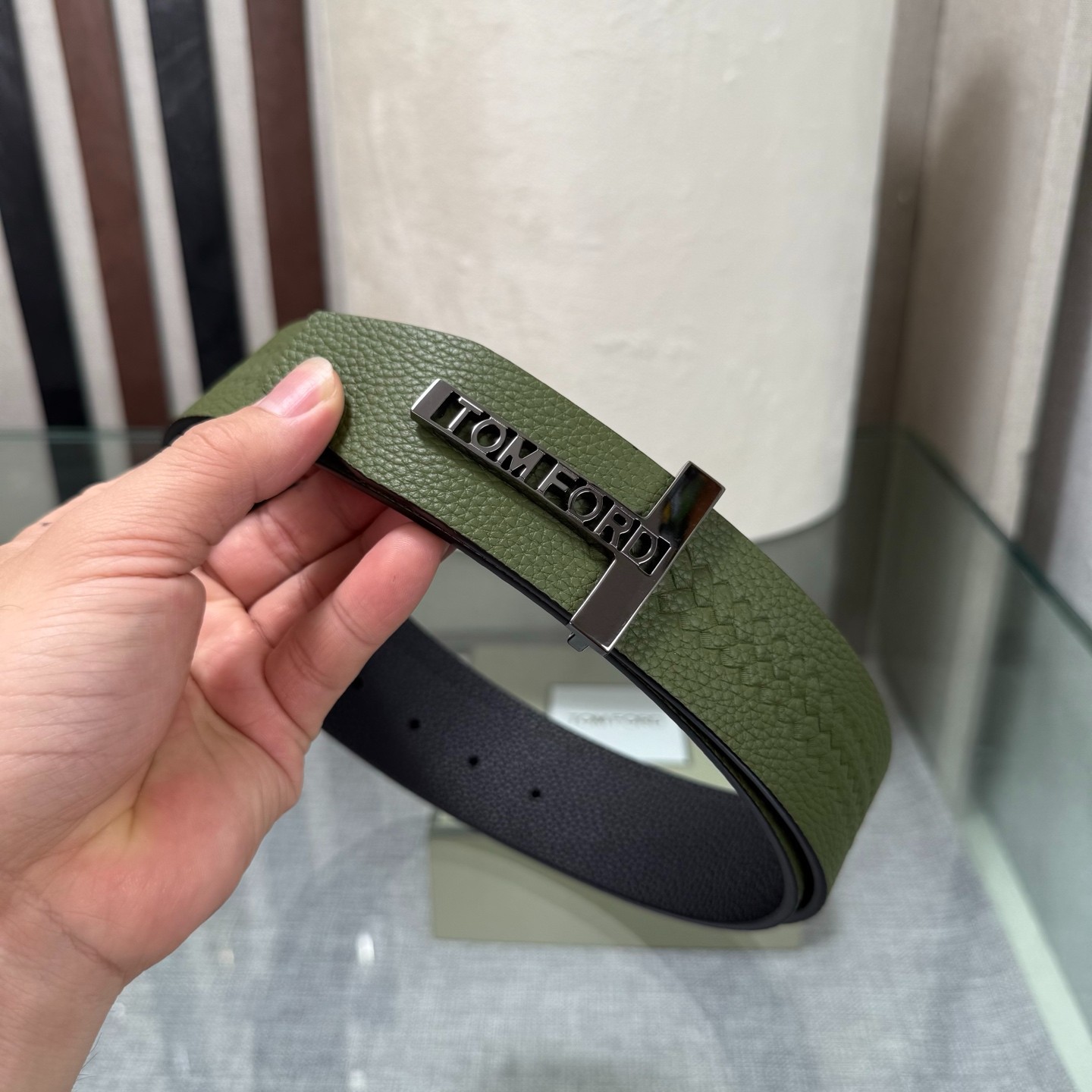 Tom Ford Handmade Reversible Belt 3.8cm/1.50″ Green/Black