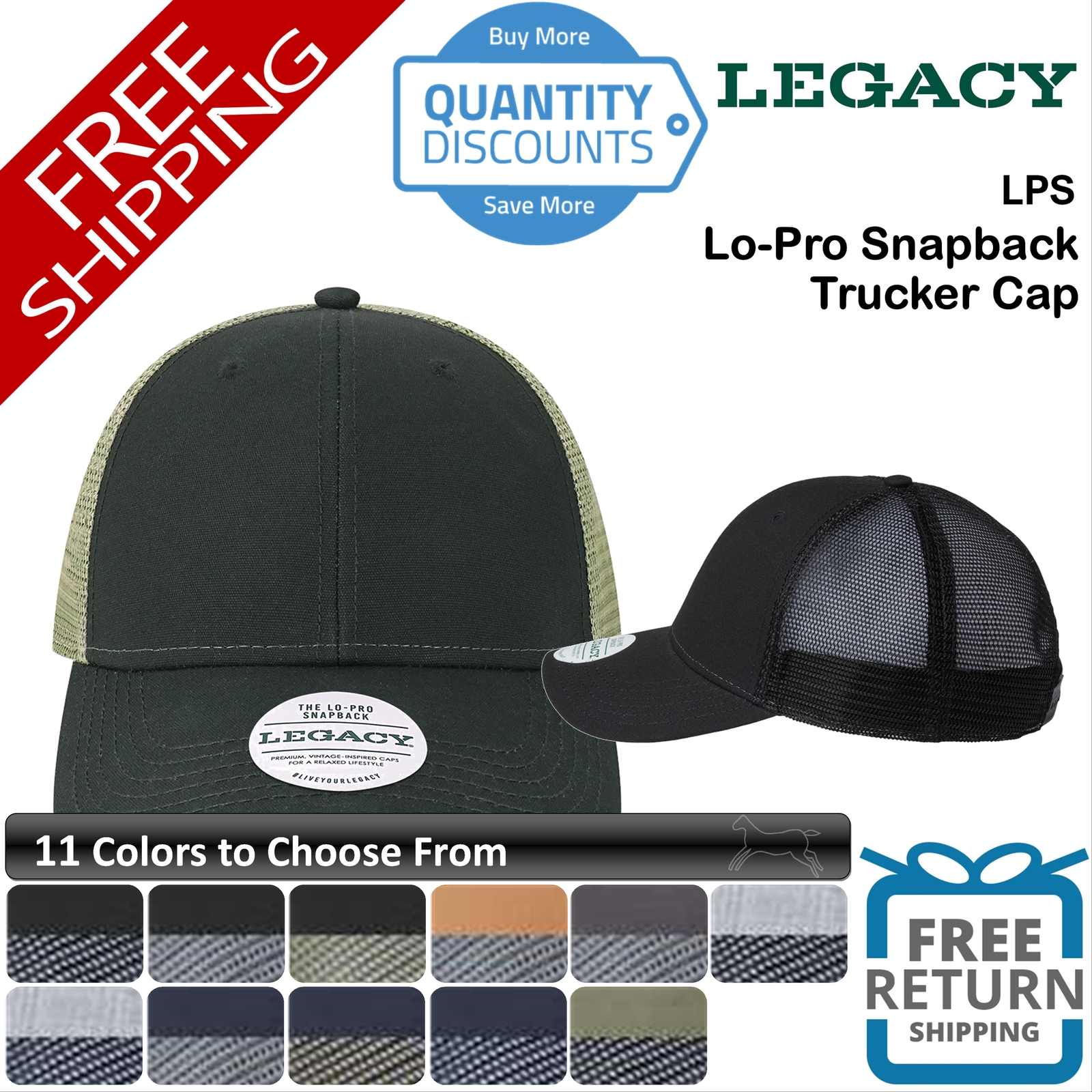 🔥 Legacy Men Lo-pro Snapback Trucker Cap Hat Six-panel, Low-profile Mesh Lps