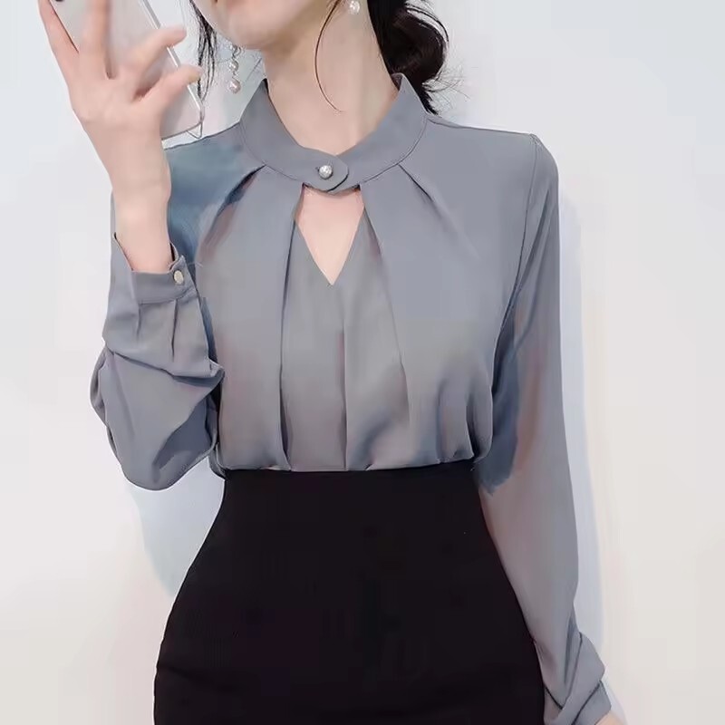 Blouses Women Chiffon Shirts Long Sleeve Hollow Sexy All-match Spring Summer Top