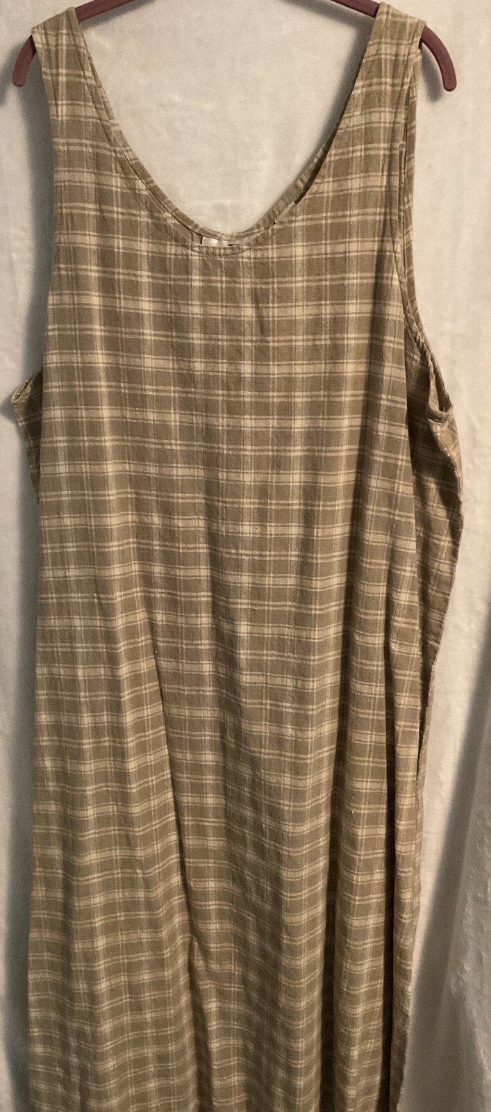 Studio C Beige & White Plaid Multi-Color Cotton, Linen Sleeveless Long Dress