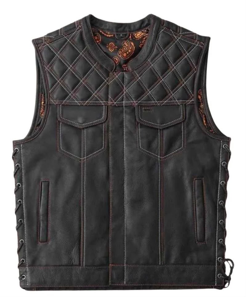 Mens Distressed Leather Motorcycle Vest Biker Club Riding Lace Side Black