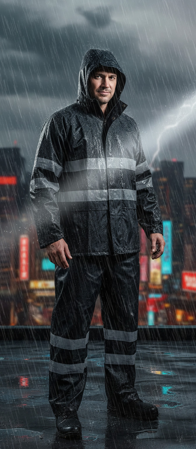 Black Safety Rain-suit, Rain Jacket With Hoodie and Rain Pants
