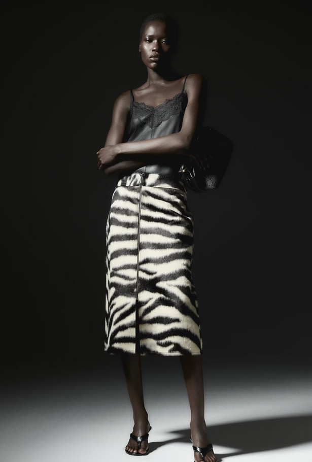 H&M Zip-Front Napped Finish Skirt Black Zebra Print 1322799004 XS,S,M,L,XL,XXL