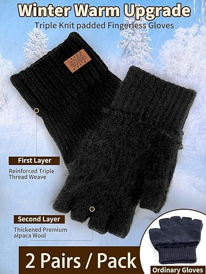 Winter Alpaca Wool Fingerless Gloves Thermal Men Knitted Half Finger Mitten