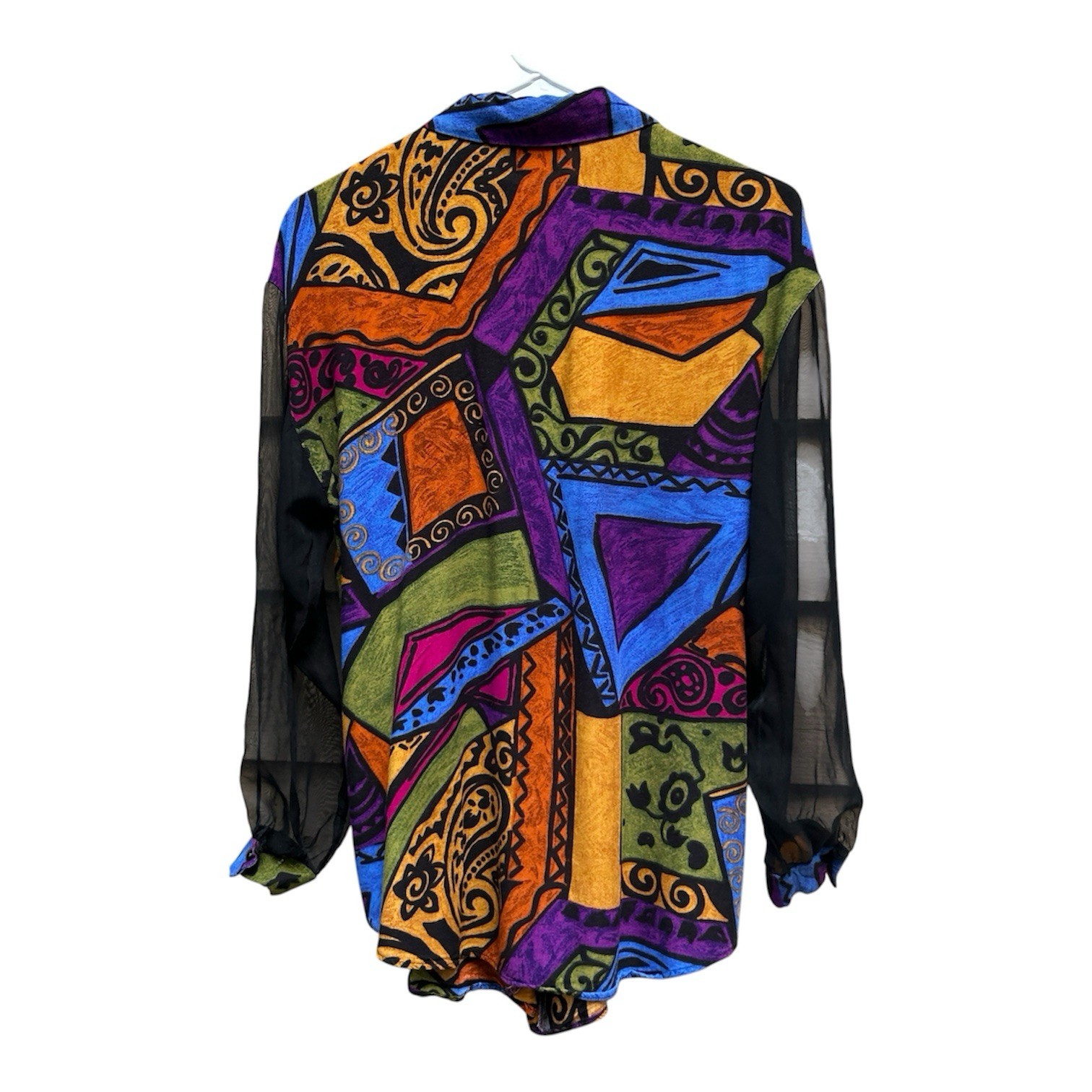 90s Vintage Marine West Jewel Tone Abstract Print Sheer Sleeve Button Up Blouse