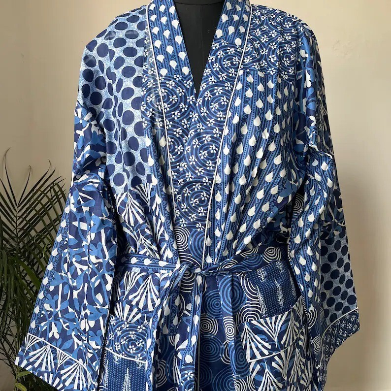 Indian Blue Patchwork Print Cotton Robe Long Kimono Sleepwear Night Suit Kimono