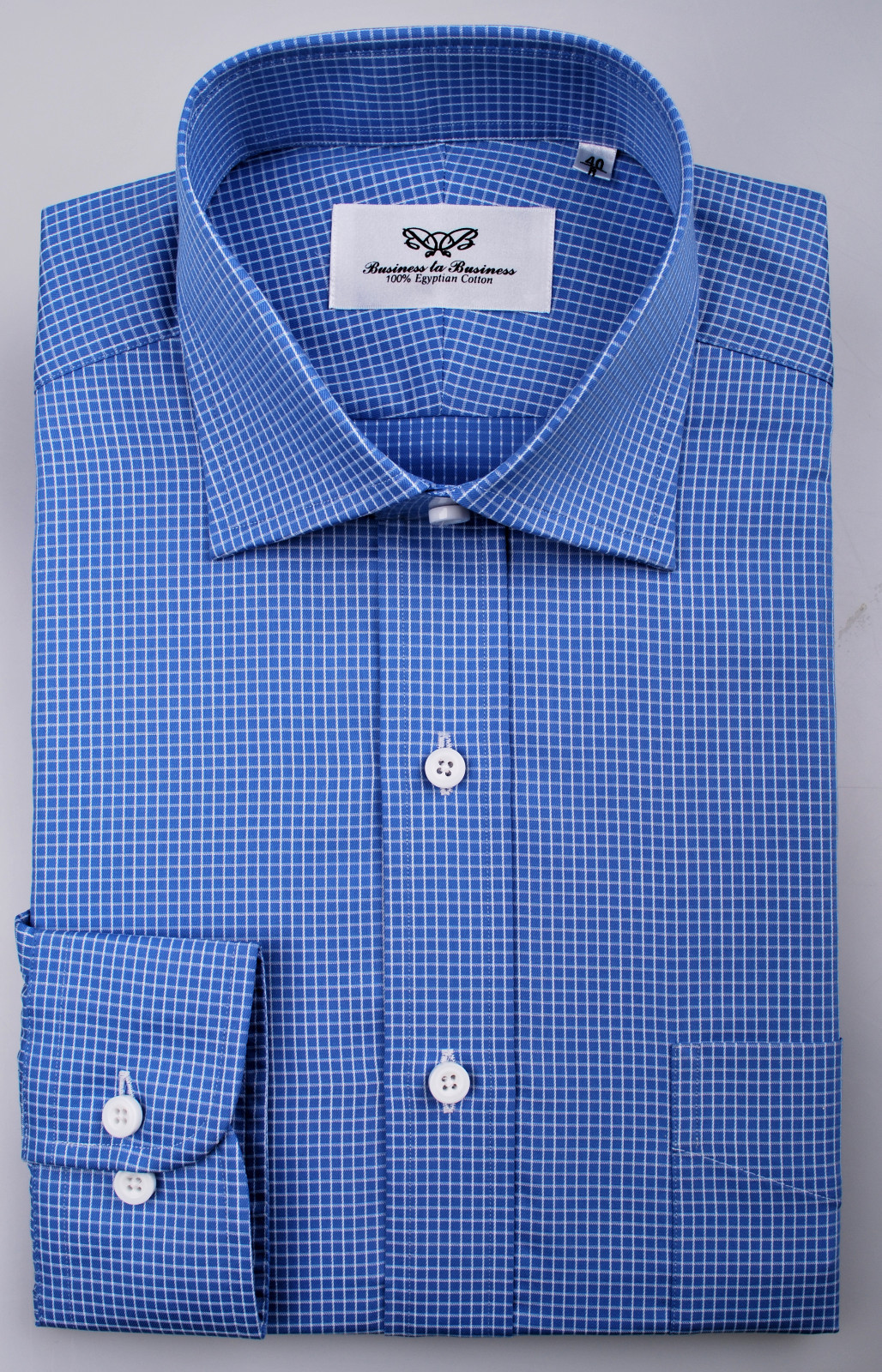 Blue Checkered Dress Shirt Luxury Business Button Cuff Soft Easy Iron Fabric