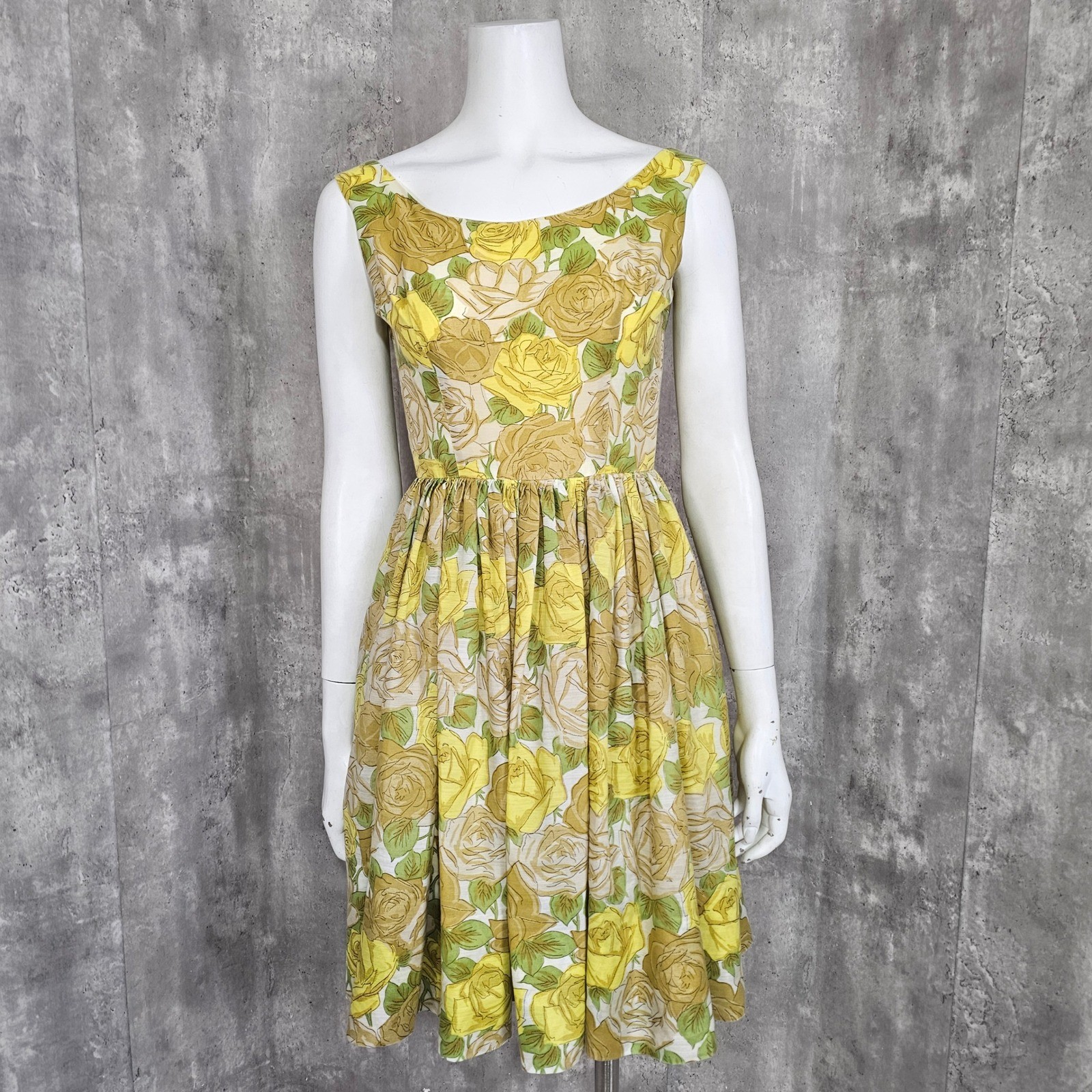 Vintage 50s 60s Melinda California Yellow Rose Floral Sundress Fit Flare Flirty