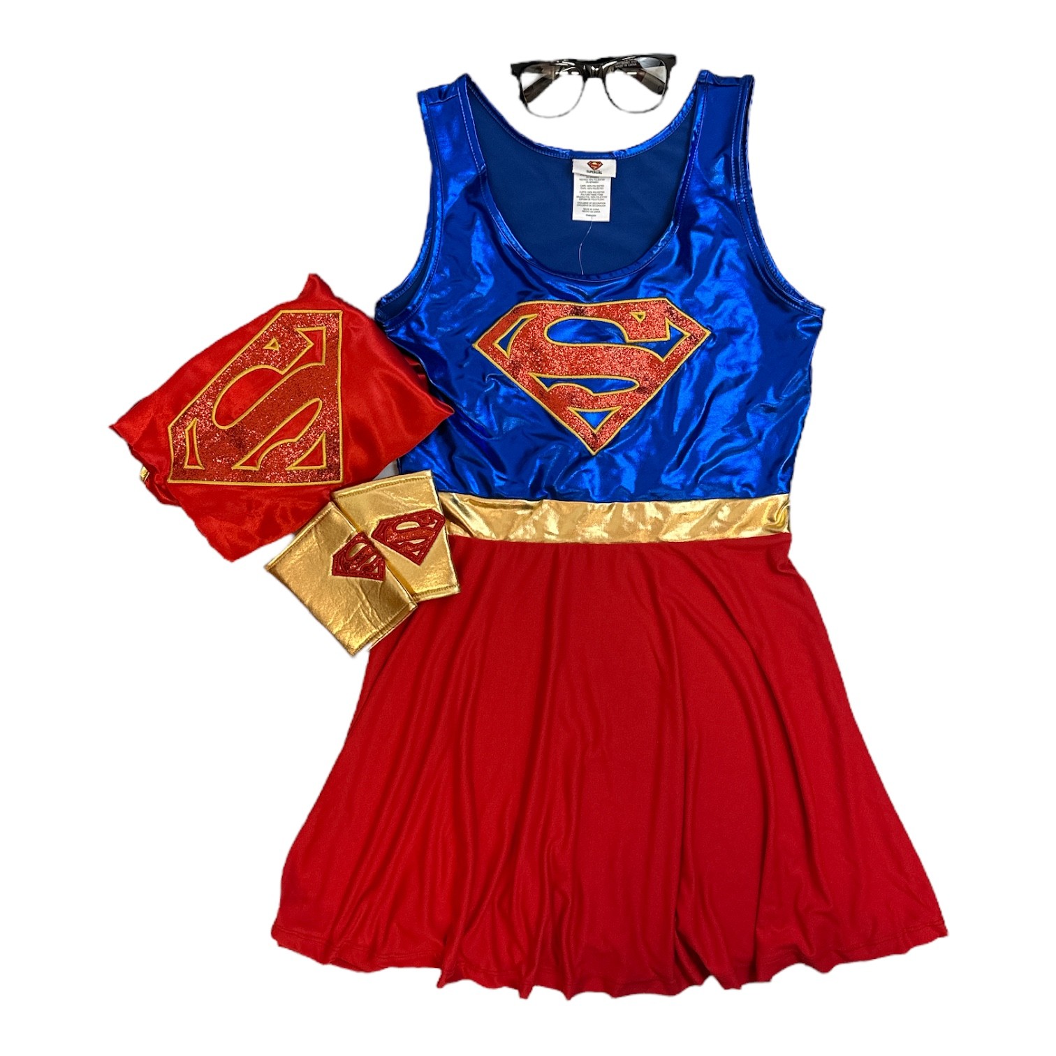 Supergirl Women’s Dress, Glasses, Cape & Wrist Cuffs Costume Set (XL)