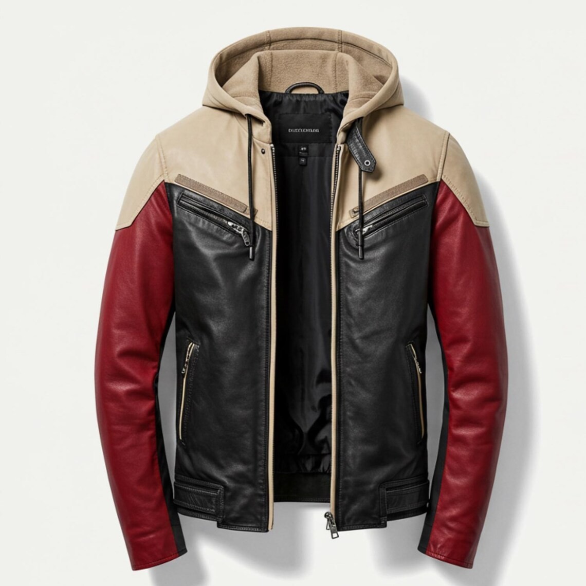 Men’s Hooded Leather Jacket Black Red Beige Biker Motorcycle Zip Up Fashion Coat