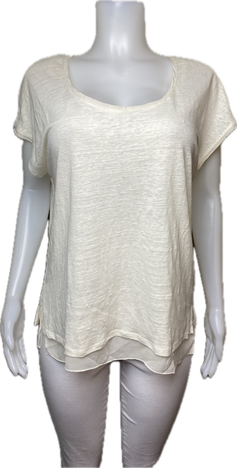 F. Vince Silk Top L Linen White Sand Blouse Cap Sleeve Round Neck NWT $175
