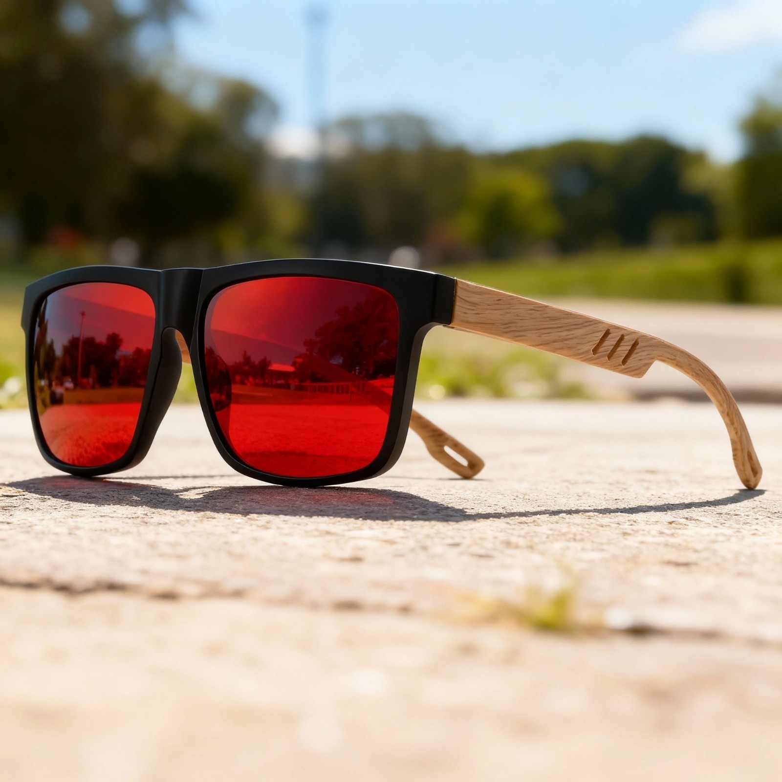 Square Wood Grain Sunglasses UV400 Spring Hinge Unisex Driving Travel Hiking