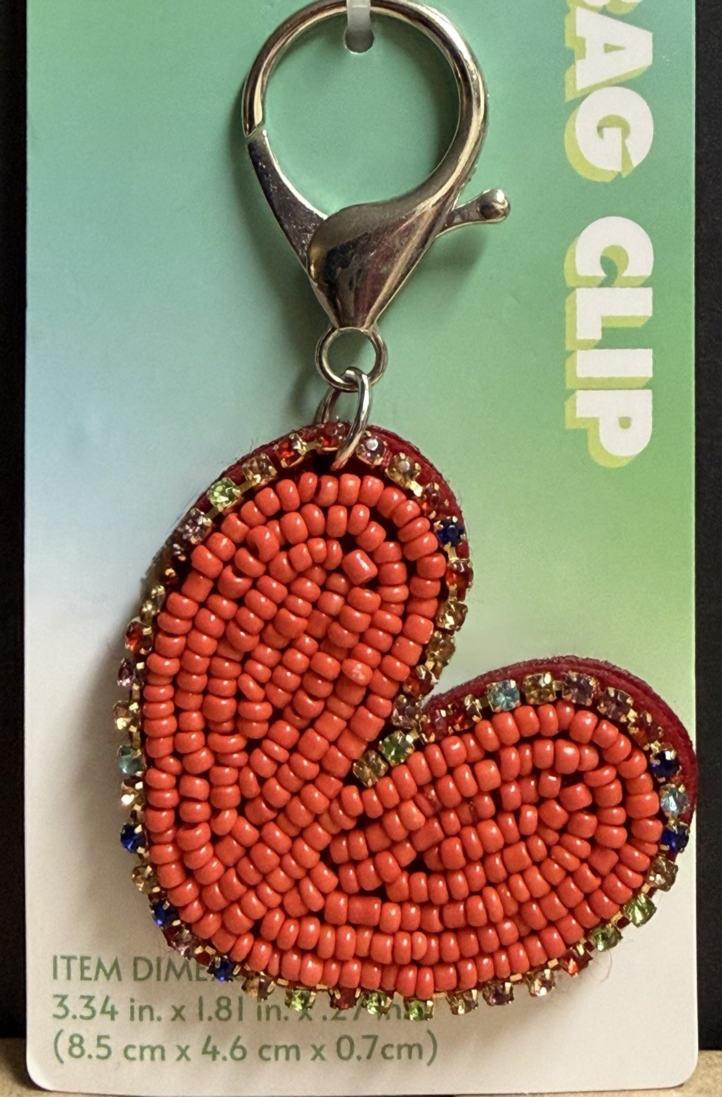 Beaded Heart W/Beaded Rhinestones Bag Clip Keychain