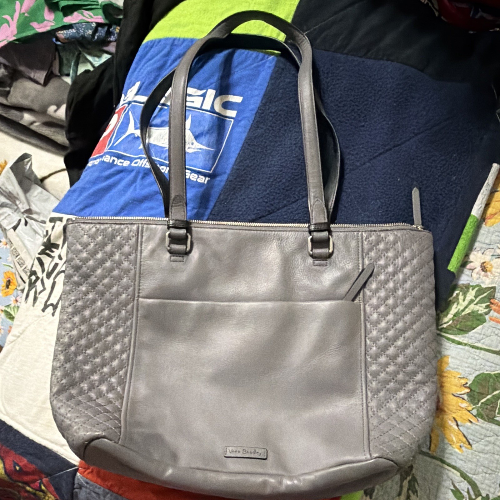 Vera Bradley Gray Quilted Tote Bag Zip Top Floral Lining Silver Hardware Pockets