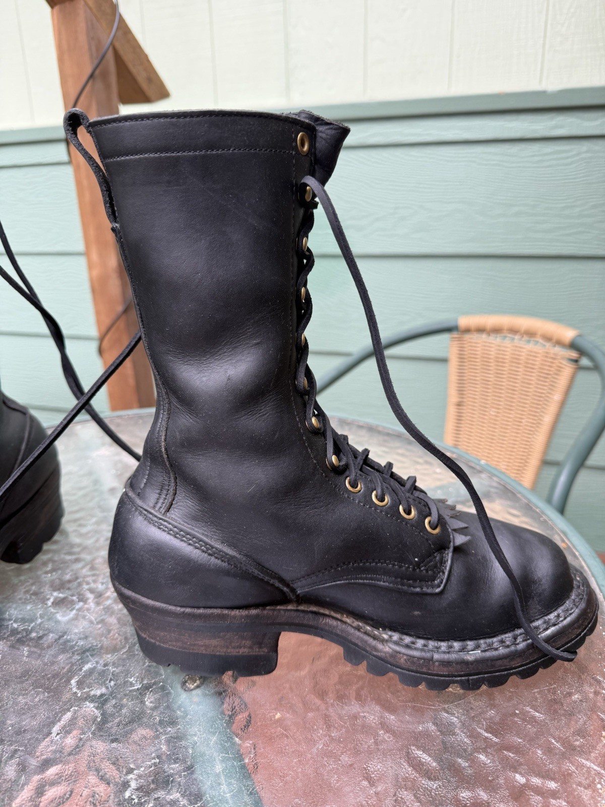 White’s Smoke Jumper Logger Boots –Size 7E –Black Leather –Vibram Sole –USA Made