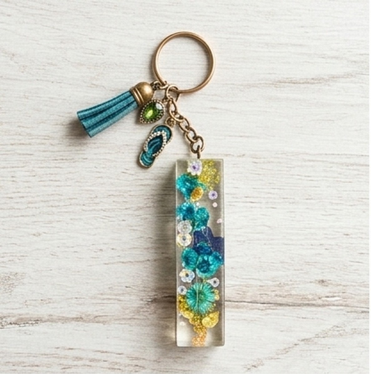 Handmade Floral Resin Keychain with Tassel and Charms