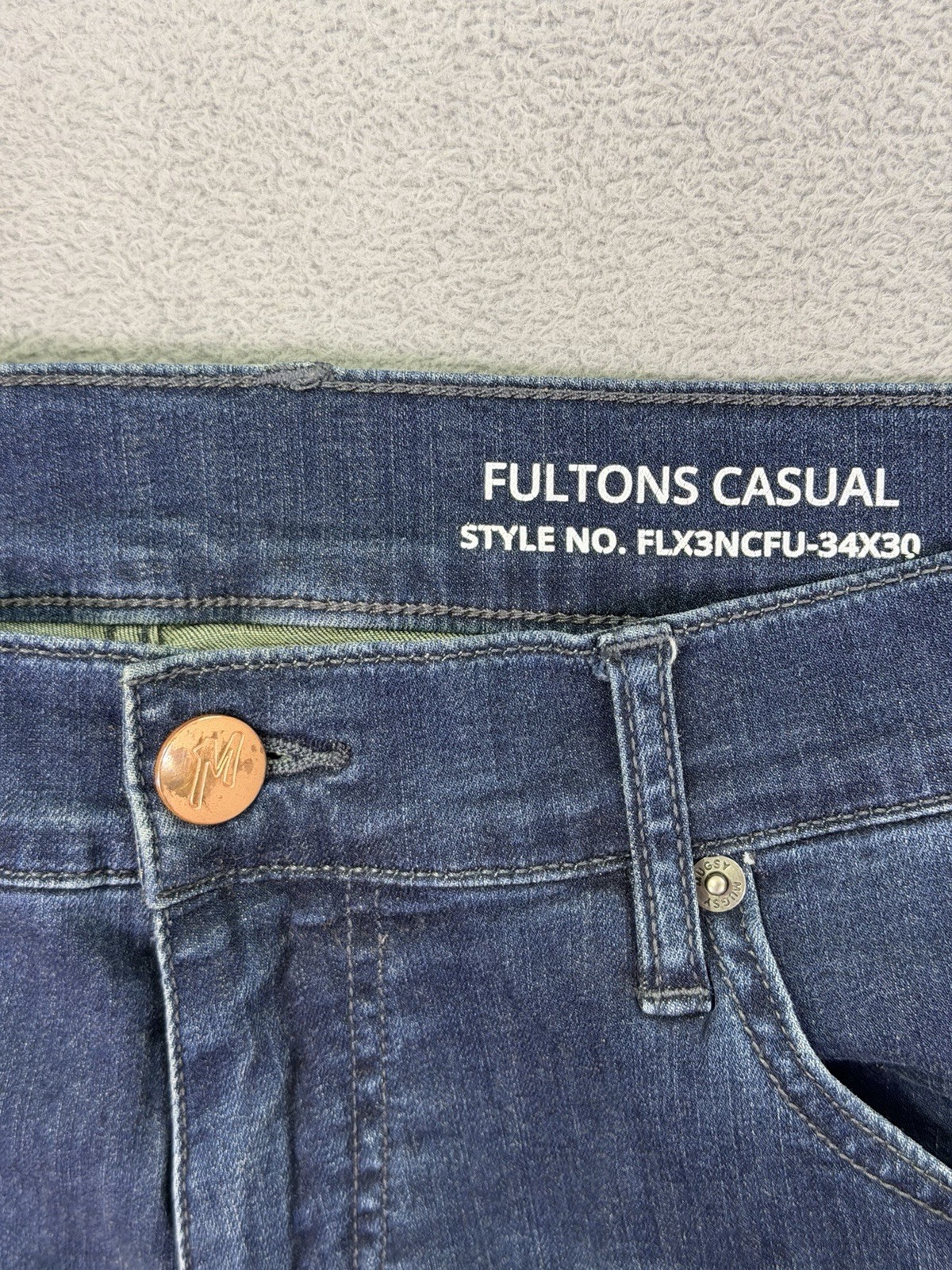 Mugsy Jeans Mens 34×30 Blue Straight Slim Dark Wash Fultons Casual Stretch