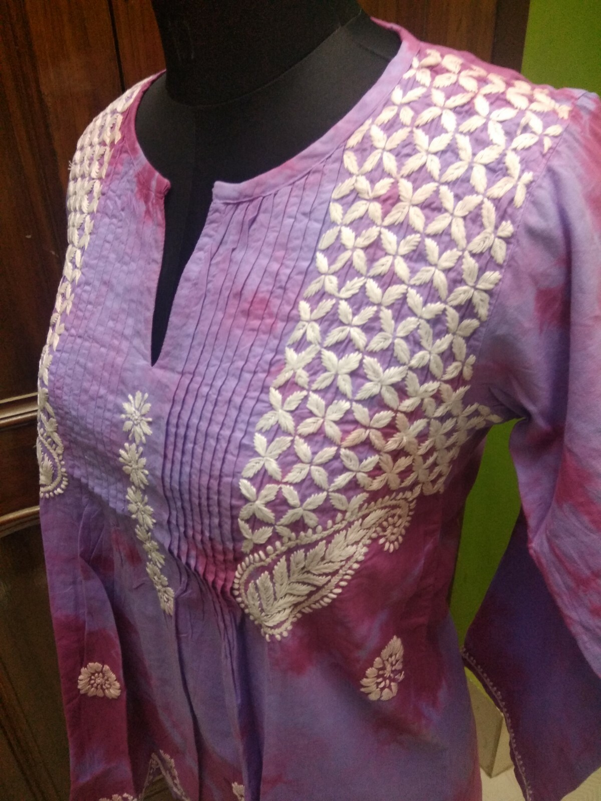 TIE DYE S 38″ L 42″ CHIKAN EMBROIDERY 100%COTTON ETHNIC TOP HANDMADE KURTA KURTI