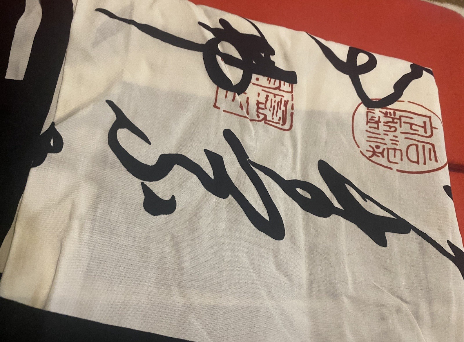 Van Klee Silk Scarf with Abstract Black and Red Calligraphy Pattern