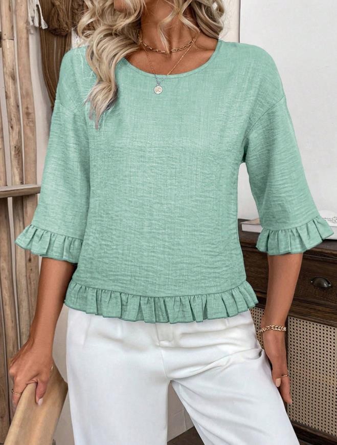 Round Neck Ruffle Sleeve Loose Casual Blouse Top