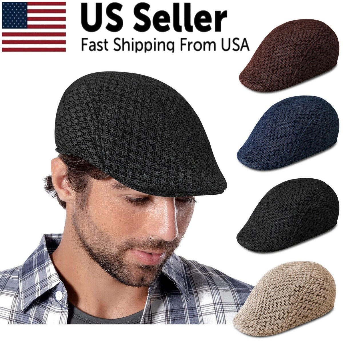 Men’s Mesh Summer Hat Newsboy Beret Gatsby Cap Ivy Hat Golf Sun Flat Cabbie US
