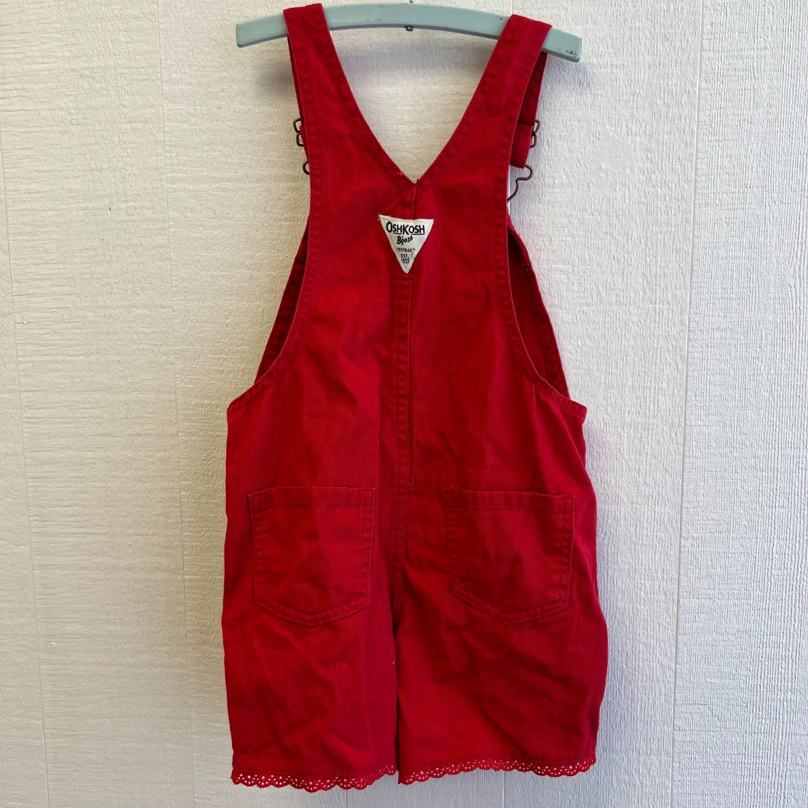 Vintage OshKosh B’Gosh Red Shortalls Girls Size 5T Lace Trim Overalls Romper
