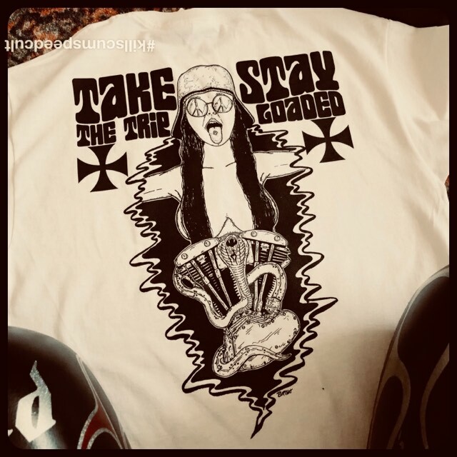 STAY LOADED Shovelhead & Snake white tee shirt hippie biker lsd 70’s motorcycle