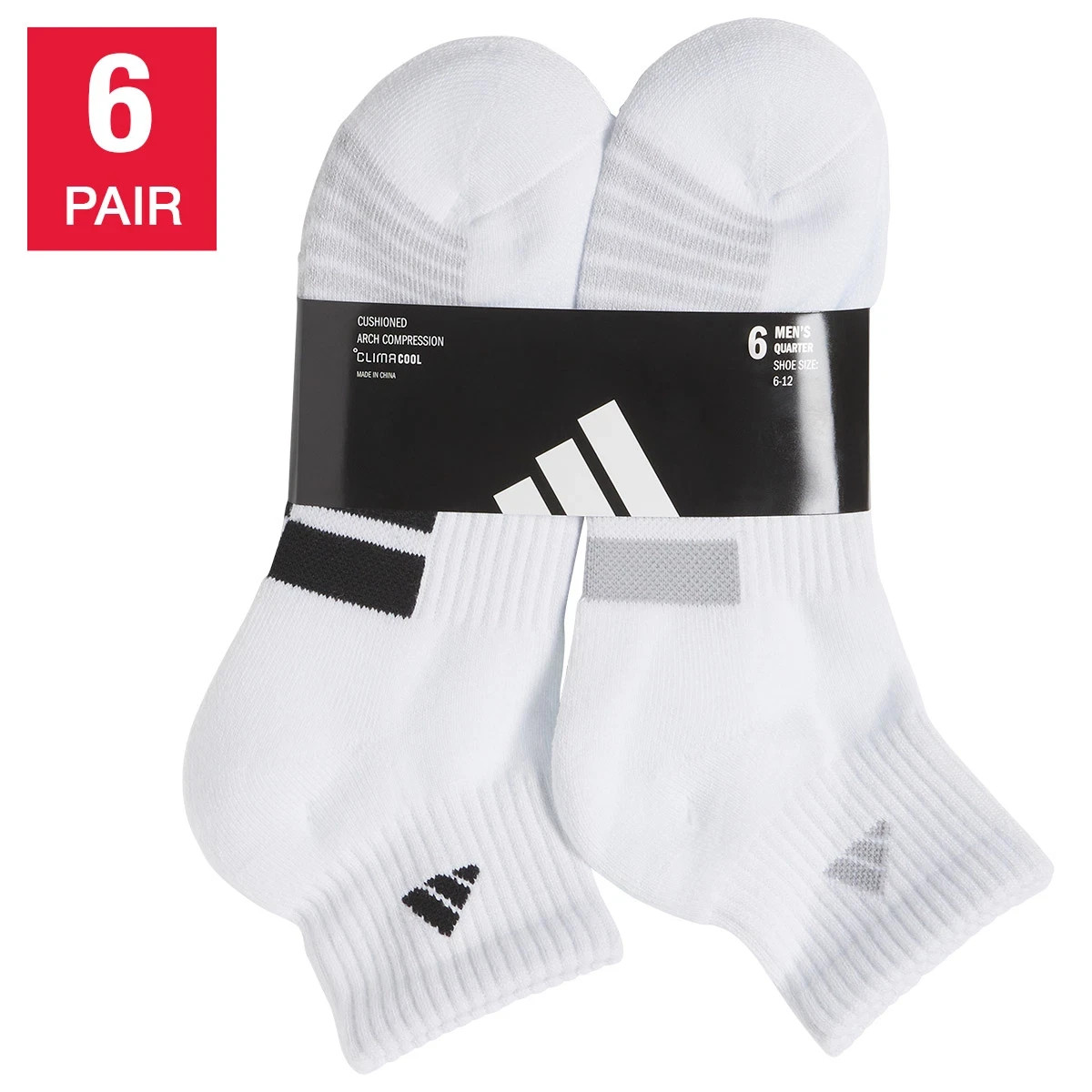 adidas Men’s Quarter Socks 6 Pair Pack Climacool Cushioned Athletic Black White