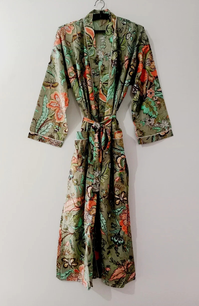 Indian Floral Printed 100% Cotton Robe Long Kimono Sleepwear Night Kimono Dress