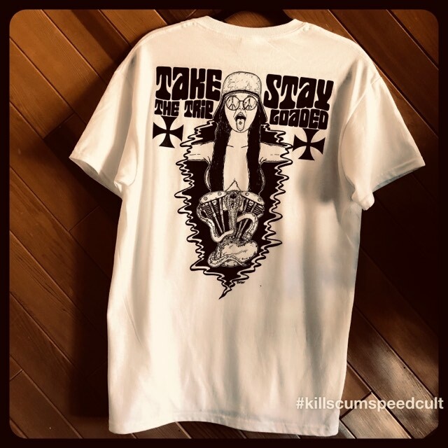 STAY LOADED Shovelhead & Snake white tee shirt hippie biker lsd 70’s motorcycle