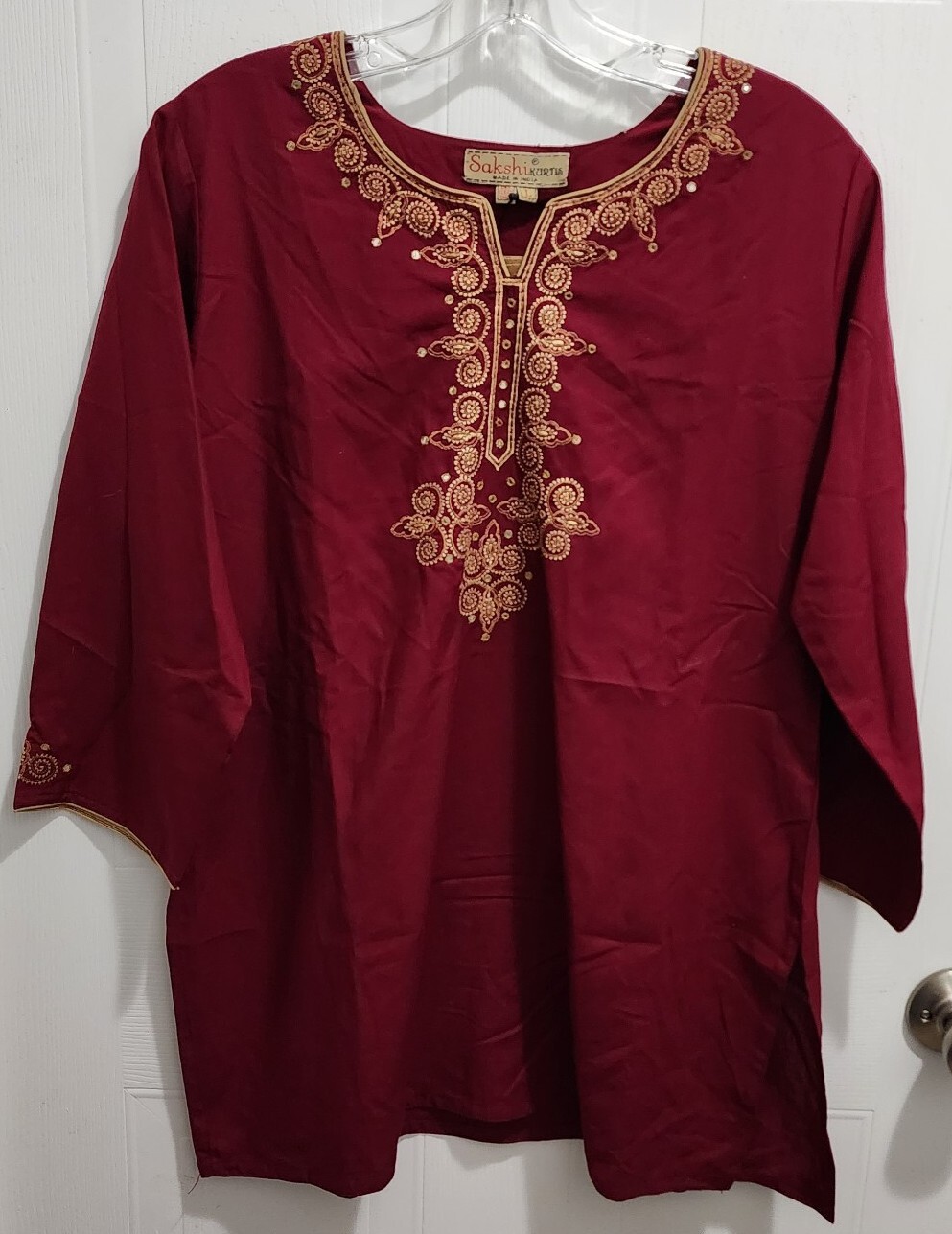 NEW Sakshi Kurti Top 3/4 Sleeve Red Embroidered Salwar Kameez India Size Large