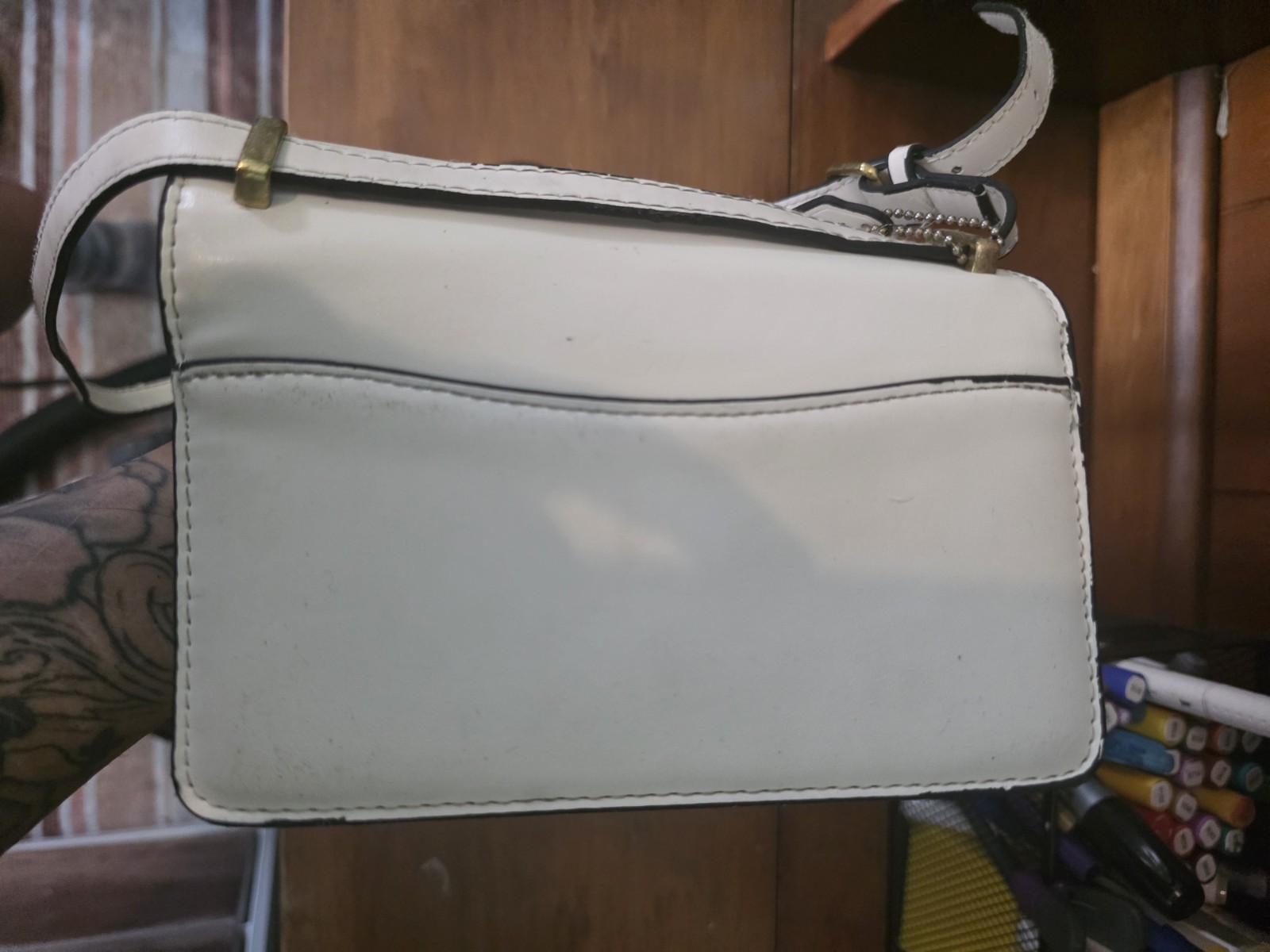 Coach White Small Crossbody Bag Magnetic Flap Gold Tone C Logo Detachable Strap