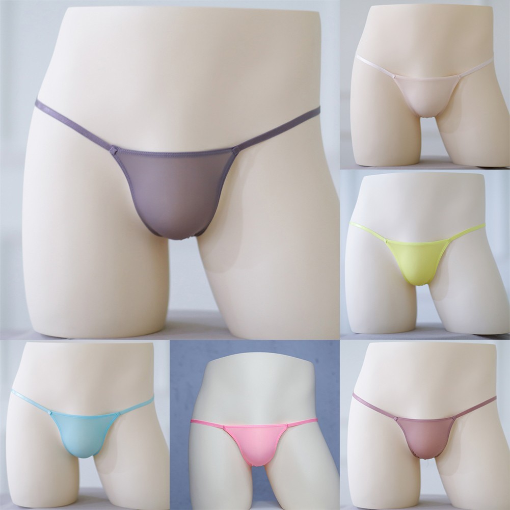 Sexy Mens T-Back G-string Thong Bikini Underwear Sheer Pouch Ice Silk Thongs