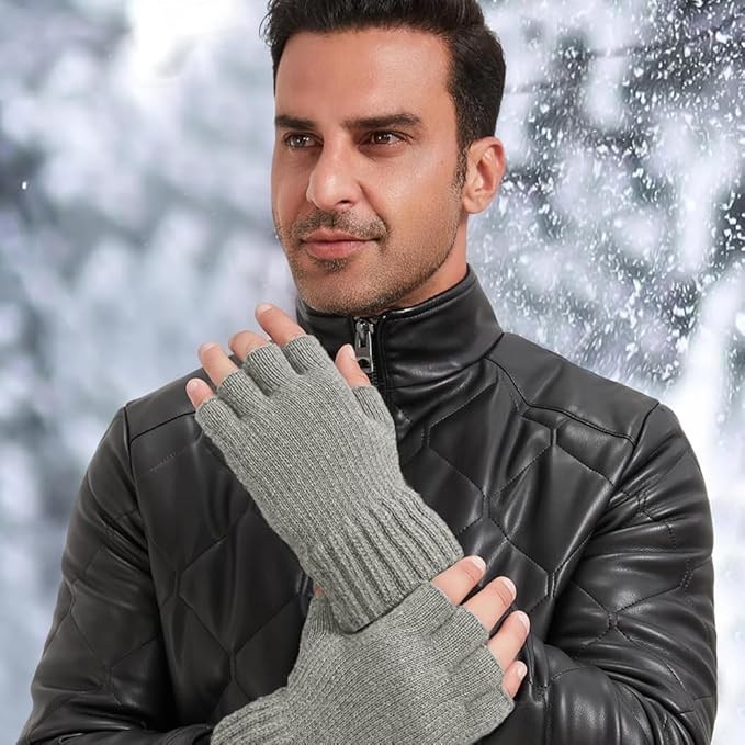 Winter Alpaca Wool Fingerless Gloves Thermal Men Knitted Half Finger Mitten