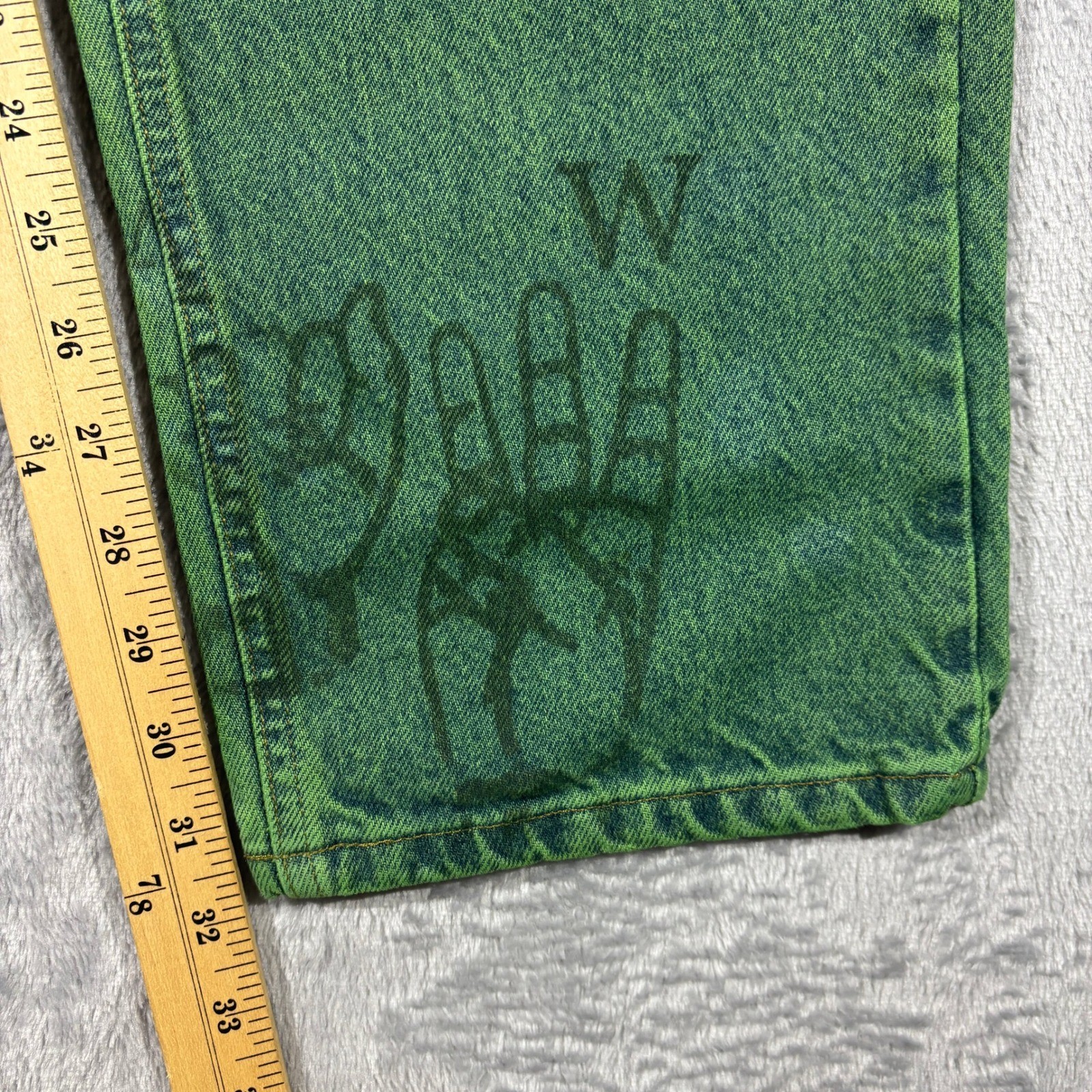 Carhartt Denim Jeans Men 35×32 B17 STW Relaxed Fit Green Hand Graphic Custom Dye