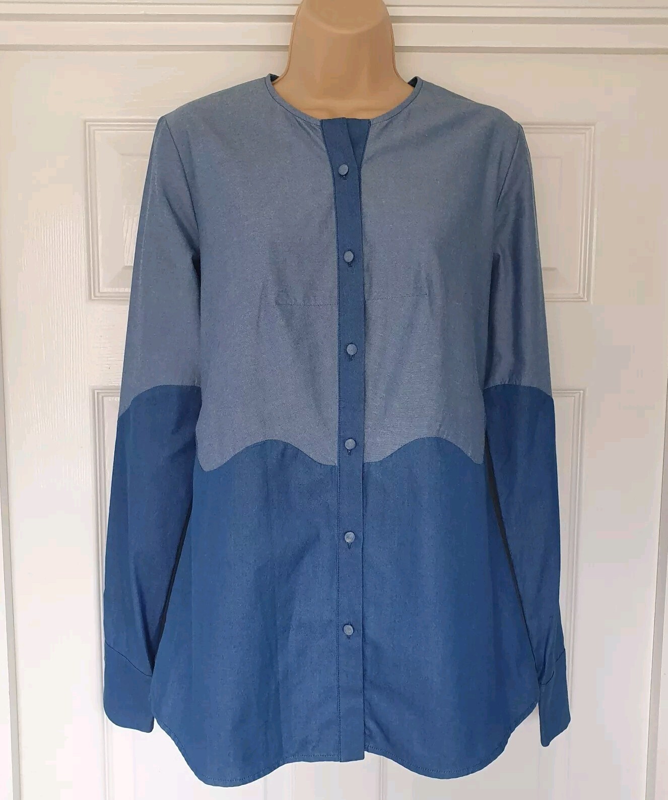 Deborah Lyons Tunic Shirt Blue Long Sleeves Size 10 Cotton Made In England