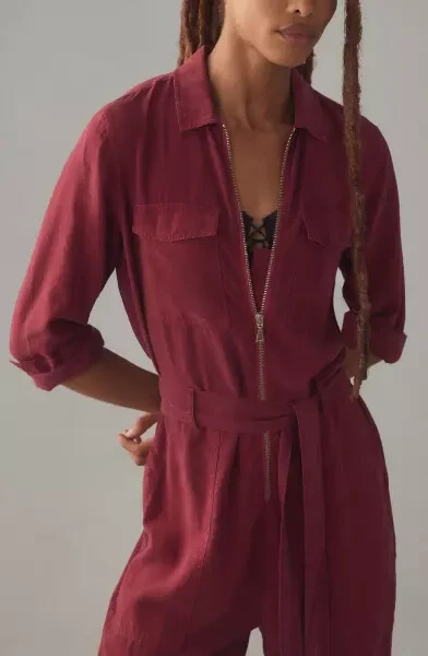 Anthropologie Cloth & Stone Zip Front Utility Jumpsuit Burgundy/Maroon XL NWT