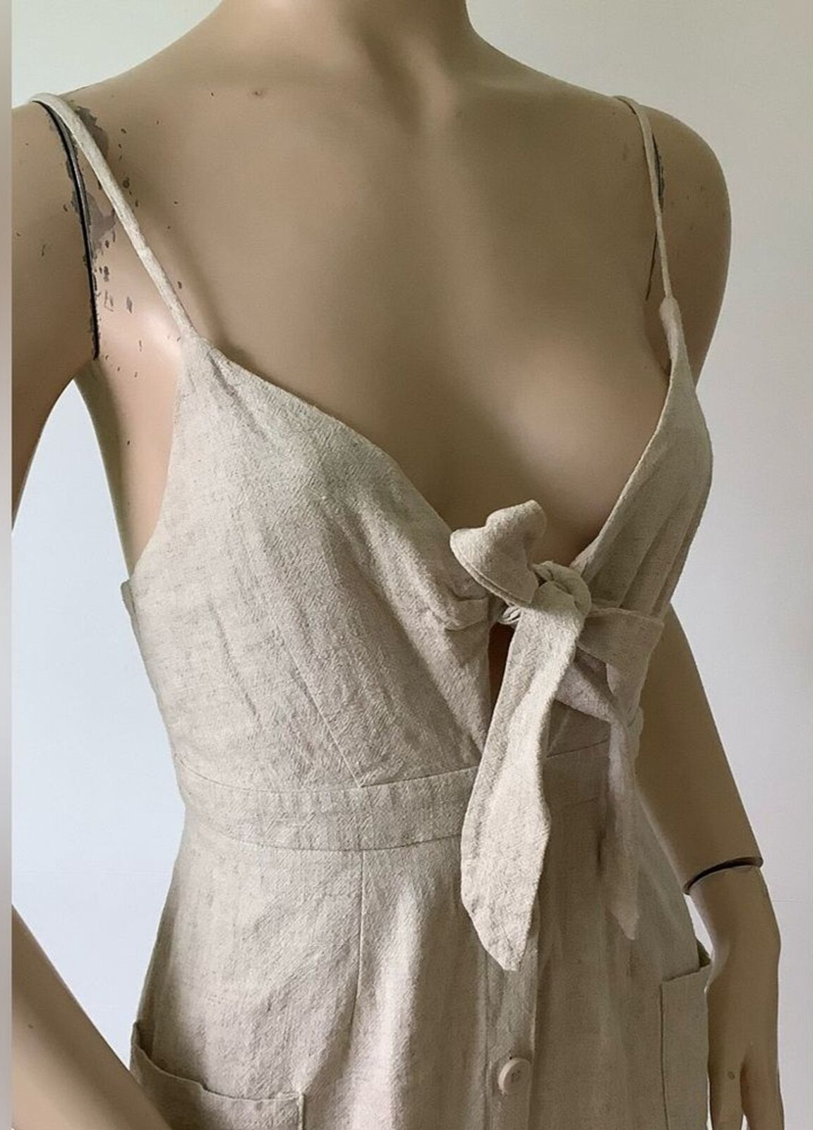 EVERLY Linen Blend Natural Oatmeal Shade Thin Adjustable Strap Dress (Size S)